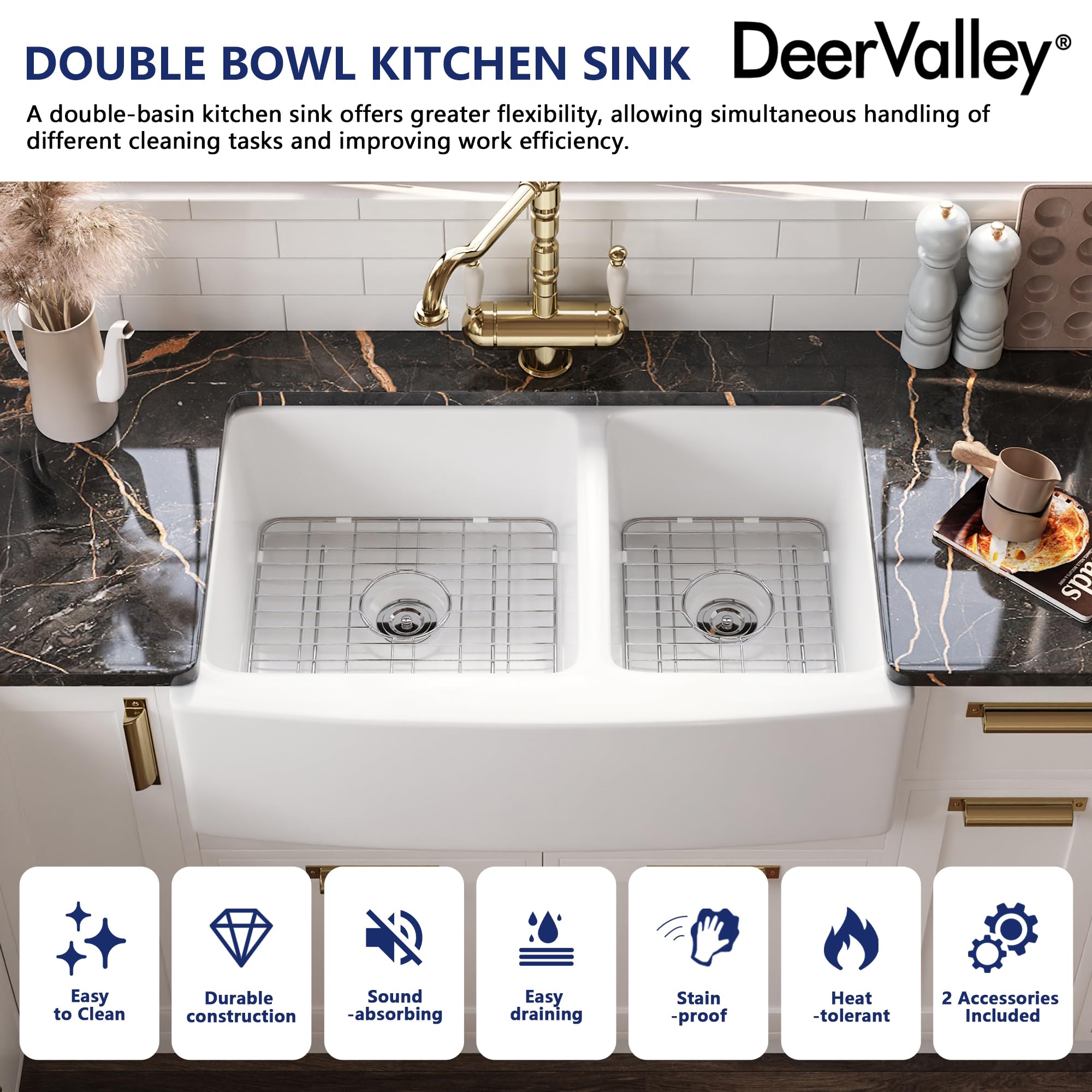 DeerValley Double Bowl White Kichen Sink 33 inch, Ceramic